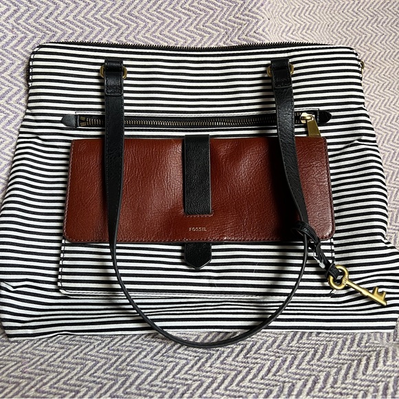 Fossil Black and Brown Striped Tote Bag - Picture 1 of 4